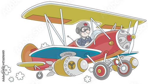 Toy aviator piloting an old-fashioned war airplane with bombs, vector cartoon illustration isolated on a white background