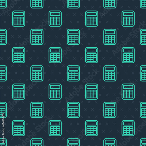 Green line Calculator icon isolated seamless pattern on blue background. Accounting symbol. Business calculations mathematics education and finance. Vector