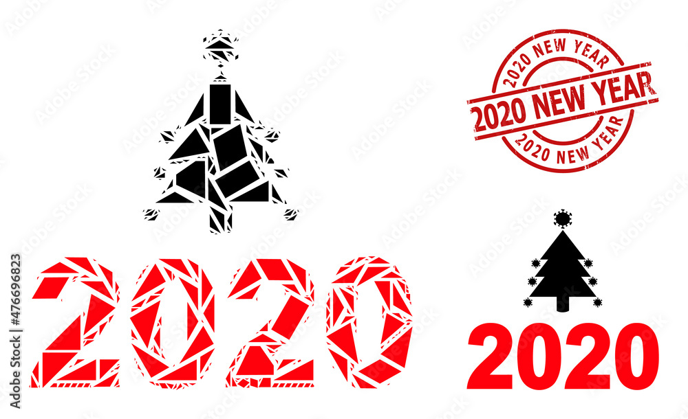 Simple geometric covid 2020 new year mosaic and 2020 NEW YEAR dirty seal. Red stamp seal includes 2020 New Year text inside round and lines template. Simple geometric covid 2020 new year mosaic and 2020 NEW YEAR dirty seal. Red stamp seal includes 2020 New Year text inside round and lines template.