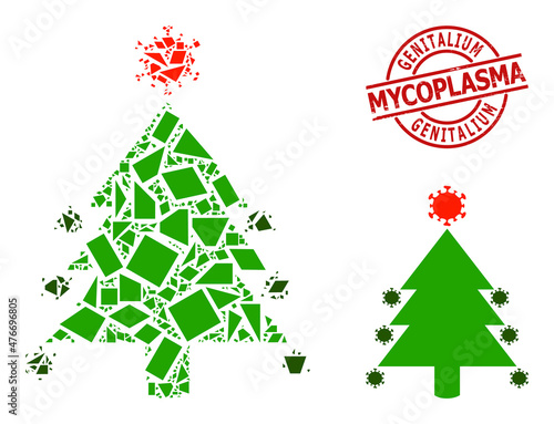Simple geometric coronavirus fir-tree mosaic and GENITALIUM MYCOPLASMA textured stamp seal. Red stamp includes GENITALIUM MYCOPLASMA caption inside circle and lines shape. photo