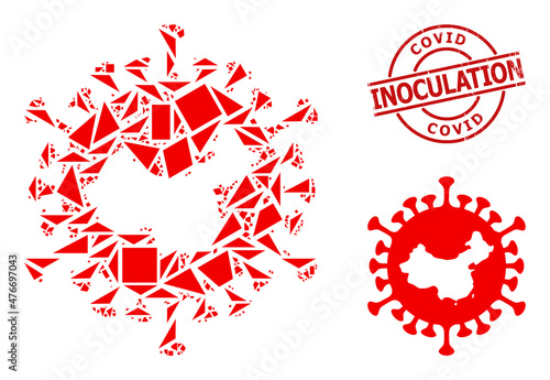 Simple geometric Chinese covid virus mosaic and Covid Inoculation textured stamp seal. Red stamp seal includes COVID INOCULATION text inside circle and lines template.