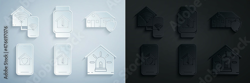 Set Mobile phone with house temperature, House under protection, Smart and alarm, watch and home wi-fi icon. Vector