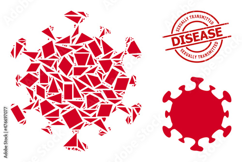 Simple geometric covid virus mosaic and SEXUALLY TRANSMITTED DISEASE textured stamp seal. Red stamp seal has Sexually Transmitted Disease text inside circle and lines shape.