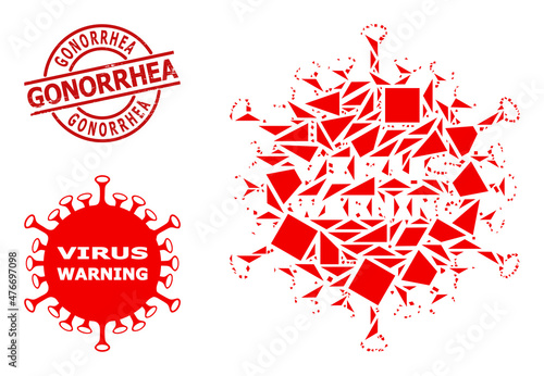 Simple geometric danger virus mosaic and GONORRHEA textured stamp. Red stamp has GONORRHEA text inside circle and lines form. Vector danger virus icon collage is combined with random triangles,
