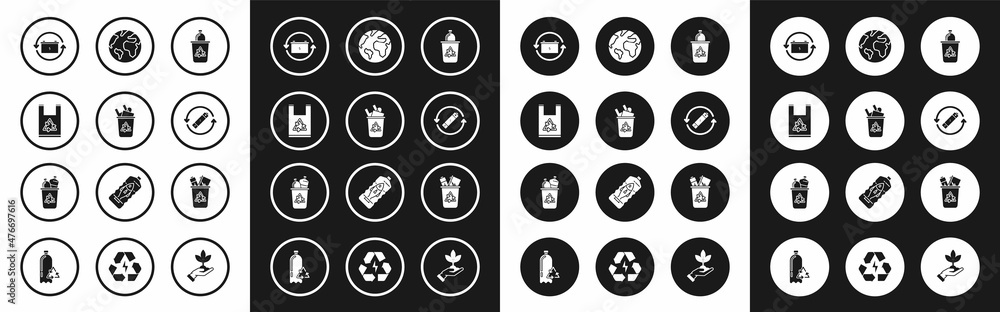 Set Recycle bin with recycle symbol, Plastic bag, Battery, line, Earth globe, and icon. Vector