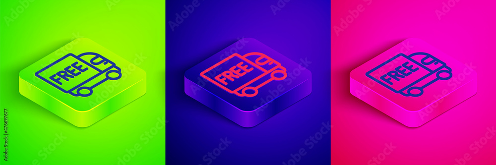 Isometric line Free delivery service icon isolated on green, blue and pink background. Free shipping. 24 hour and fast delivery. Square button. Vector Isometric line Free delivery service icon isolated on green, blue and pink background. Free shipping. 24 hour and fast delivery. Square button. Vector