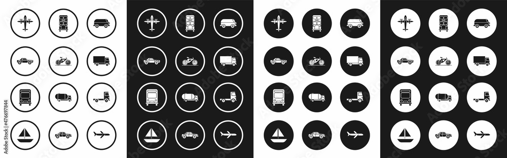 Set Retro minivan, Bicycle, Sedan car, Old retro vintage plane, Delivery cargo truck vehicle, Double decker bus, and Bus icon. Vector Set Retro minivan, Bicycle, Sedan car, Old retro vintage plane, Delivery cargo truck vehicle, Double decker bus, and Bus icon. Vector