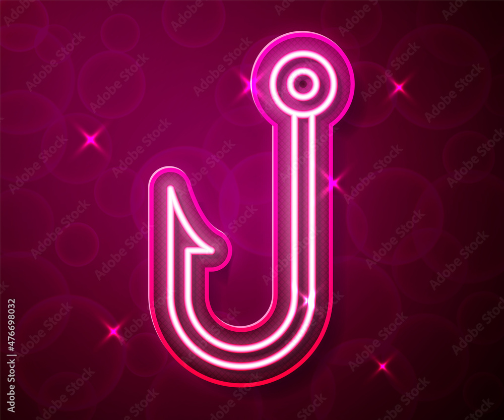 Glowing neon line Fishing hook icon isolated on red background. Fishing tackle. Vector Glowing neon line Fishing hook icon isolated on red background. Fishing tackle. Vector