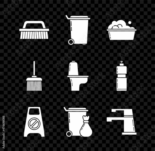 Set Brush for cleaning, Trash can, Plastic basin with soap suds, Wet floor and progress, Water tap, Handle broom and Toilet bowl icon. Vector