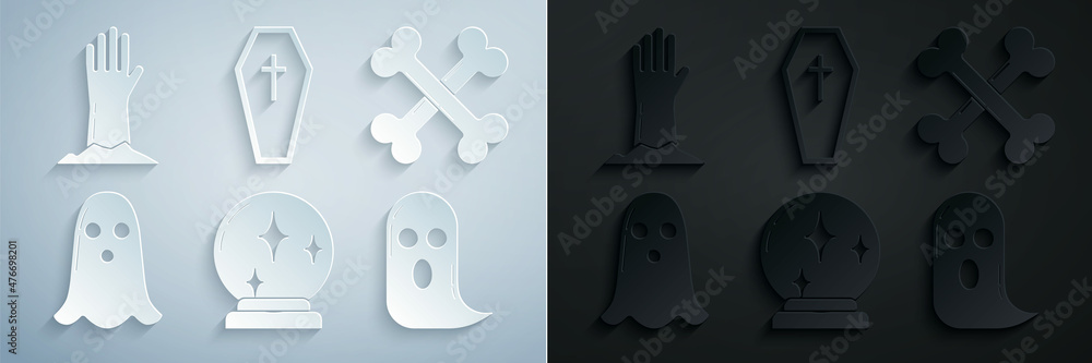Set Magic ball, Crossed bones, Ghost, Coffin with christian cross and Zombie hand icon. Vector Set Magic ball, Crossed bones, Ghost, Coffin with christian cross and Zombie hand icon. Vector