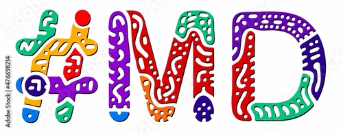 MD Hashtag. Multicolored bright isolate curves doodle letters. Hashtag #MD is abbreviation for the US American state Maryland for social network, web resources, mobile apps.