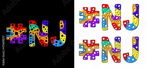 Hashtag #NJ set. Multicolor bright funny cartoon colorful doodle bubble isolated text. Rainbow colors. Hashtag #NJ is abbreviation for the US American state New Jersey for print, social network.