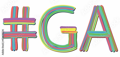 GA Hashtag. Multicolored bright isolate curves doodle letters. Hashtag #GA is abbreviation for the USA state Georgia for social network, web resources, mobile apps.