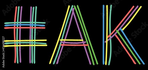 AK Hashtag. Multicolored bright isolate curves doodle letters. Hashtag #US is abbreviation for the US America state Alaska social network, web resources, mobile app.
