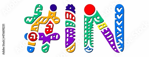 IN Hashtag. Multicolored bright isolate curves doodle letters. Hashtag #IN is abbreviation for the US American state Indiana for social network, web resources, mobile apps.