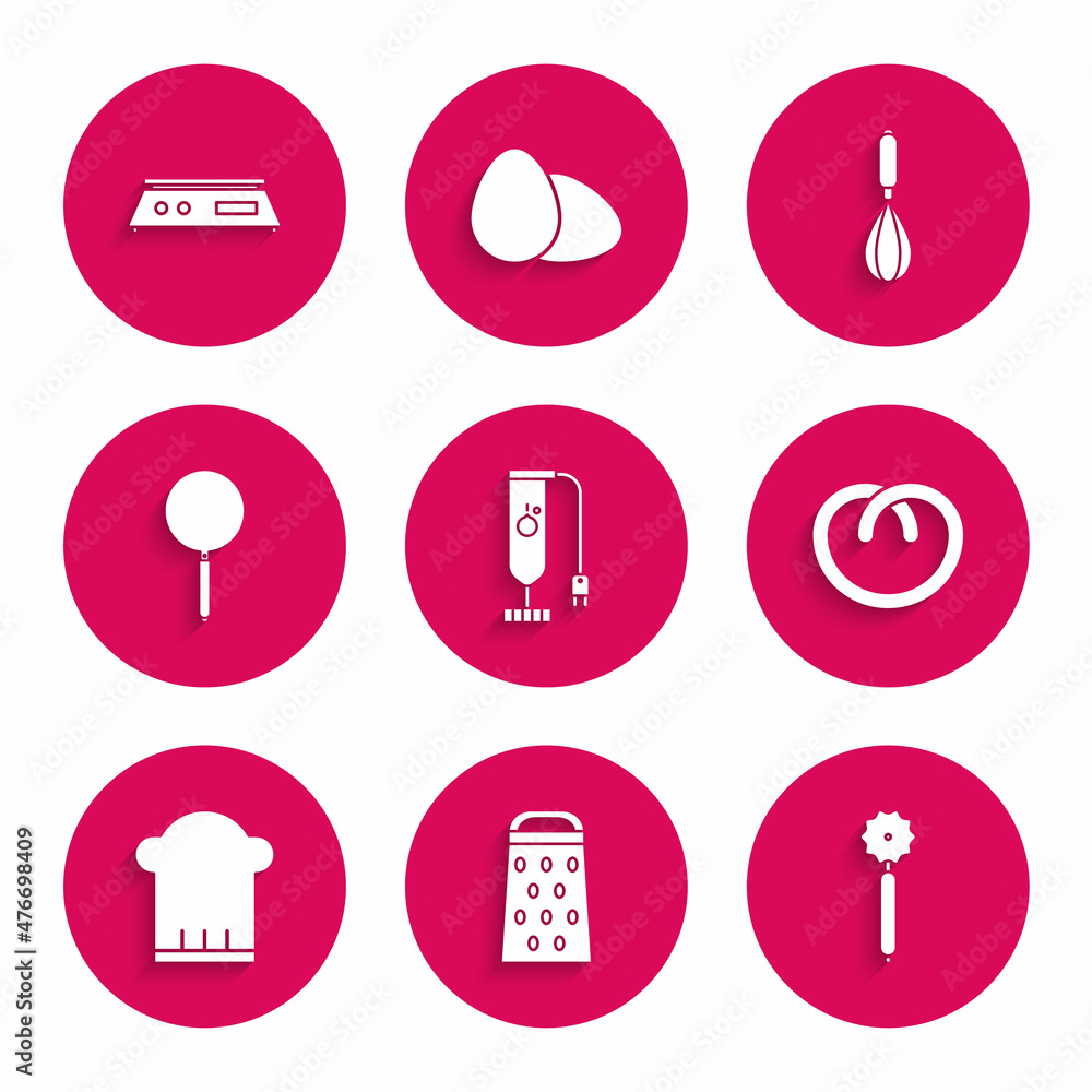 Set Blender, Grater, Pizza knife, Pretzel, Chef hat, Frying pan, Kitchen whisk and Electronic scales icon. Vector Set Blender, Grater, Pizza knife, Pretzel, Chef hat, Frying pan, Kitchen whisk and Electronic scales icon. Vector