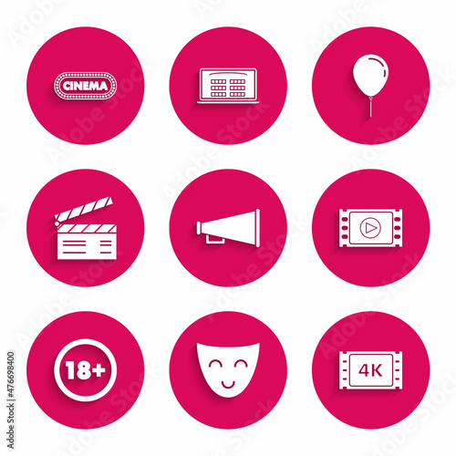 Set Megaphone, Comedy theatrical mask, 4k movie, tape, frame, Play Video, Under 18 years, Movie clapper, Balloon with ribbon and Cinema poster design template icon. Vector