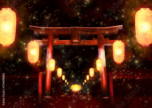 森の中の神社のお祭りと蛍