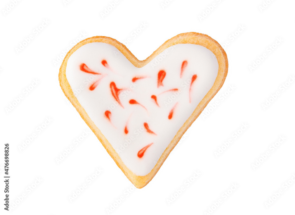 Glazed homemade heart shaped cookie for wedding or Valentine day isolated on white, top view. Romantic handmade sweet pastry for party. Glazed homemade heart shaped cookie for wedding or Valentine day isolated on white, top view. Romantic handmade sweet pastry for party.
