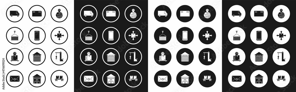 Set , Mobile phone with app delivery tracking, Container crane, Delivery cargo truck vehicle, Cardboard box traffic symbol, Envelope, Harbor port and Scale cardboard icon. Vector Set , Mobile phone with app delivery tracking, Container crane, Delivery cargo truck vehicle, Cardboard box traffic symbol, Envelope, Harbor port and Scale cardboard icon. Vector