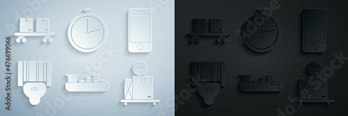 Set Cargo ship with boxes delivery service, Mobile phone app tracking, Scanner scanning bar code, Scale cardboard, Stopwatch and Railway carriage icon. Vector