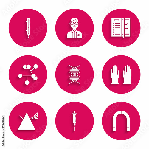 Set DNA symbol, Syringe, Magnet, Rubber gloves, Light rays prism, Molecule, Notebook and Meteorology thermometer measuring icon. Vector