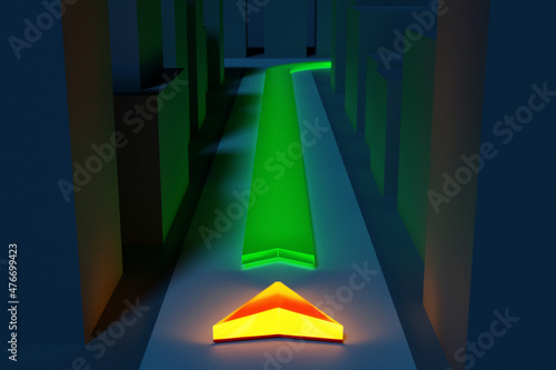 3d illustration of a directional trajectory icon with navigation neon markers  destination among city houses