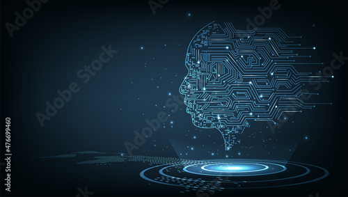  Electronic brain and Concept of artificial intelligence(AI).Graphic of a digital brain and Human head outline made from circuit board, connecting on dark blue background. 