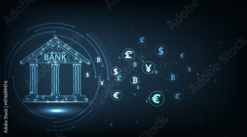  Banking Technology concept.Isometric illustration of bank on dark blue technology background. Digital connect system.Financial and Banking technology concept.Vector illustration.EPS 10.