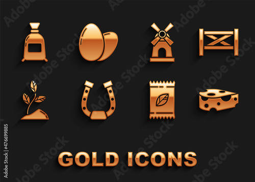 Set Horseshoe, Garden fence wooden, Cheese, A pack full of seeds of specific plant, Sprout, Windmill, Bag flour and Chicken egg icon. Vector