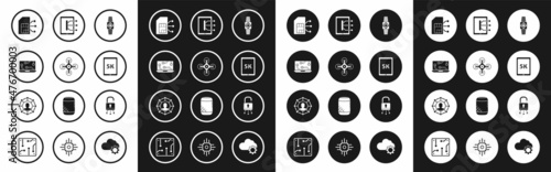 Set Smartwatch, Drone, Laptop, Sim card, Tablet with text 5k, Lock digital circuit board and Project team base icon. Vector