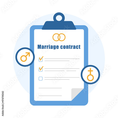 Marriage contract icon. Prenuptial agreement document. Couple divorce concept. Prenup wedding certificate. Vector illustration in flat cartoon style.