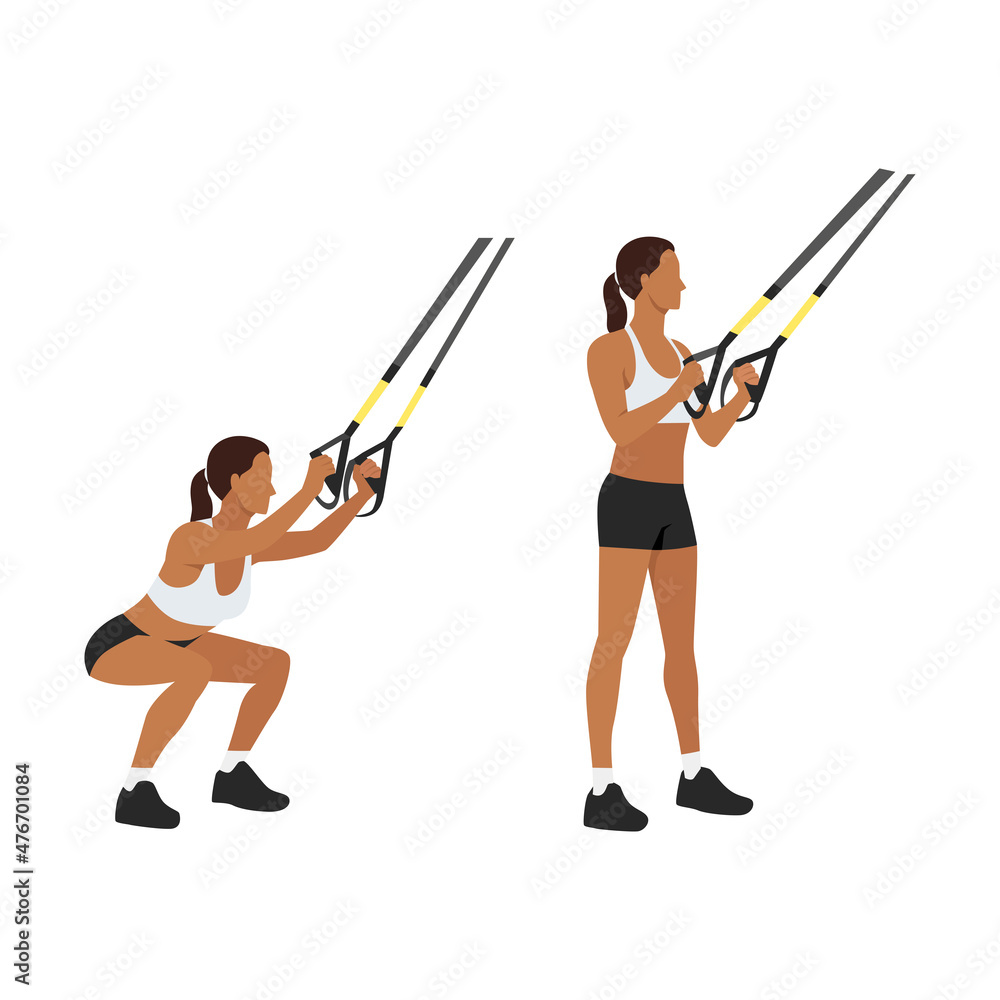 Woman doing TRX Suspension straps squats exercise. Flat vector illustration isolated on white background Woman doing TRX Suspension straps squats exercise. Flat vector illustration isolated on white background
