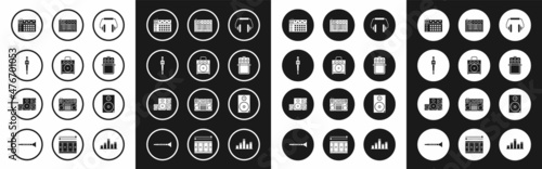 Set Headphones, Guitar amplifier, Microphone, Drum machine, pedal, Music synthesizer, Stereo speaker and icon. Vector