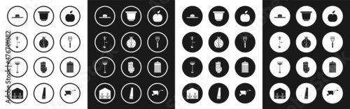 Set Apple, Ladybug, Grass and weed electric string trimmer, Worker hat, Garden rake, Flower pot, Trash can and icon. Vector
