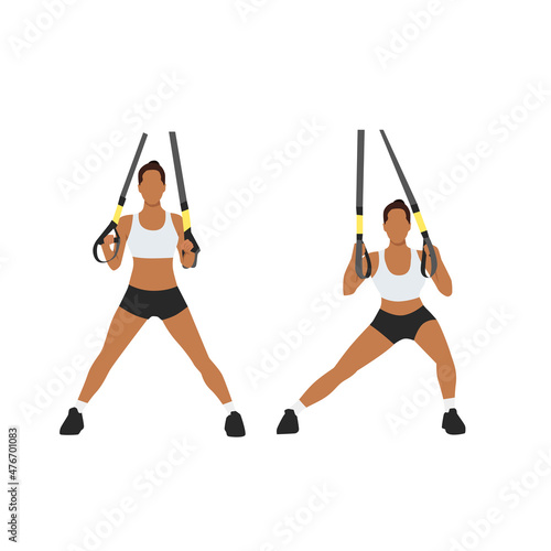 Woman doing TRX Suspension straps side step. Lateral lunges exercise. Flat vector illustration isolated on white background