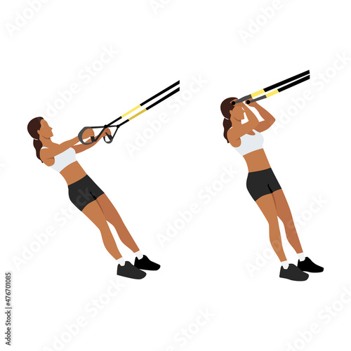 Woman doing TRX Suspension strap bicep curls exercise. Flat vector illustration isolated on white background