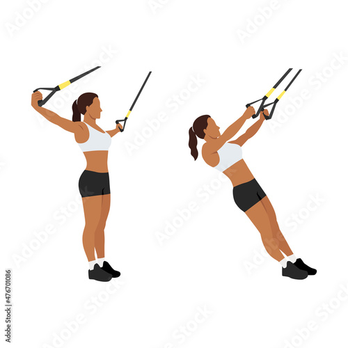 Woman doing TRX Suspension strap T Flyes exercise. Flat vector illustration isolated on white background