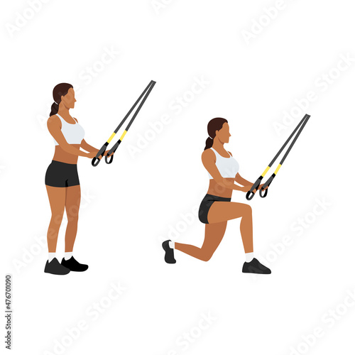 Woman doing TRX Reverse lunges exercise. Flat vector illustration isolated on white background