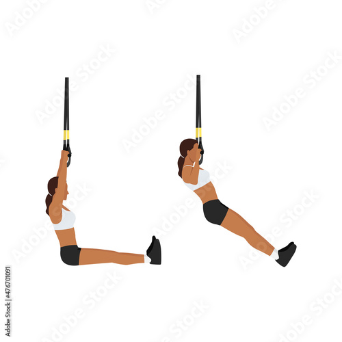 Woman doing TRX pull ups exercise. Flat vector illustration isolated on white background