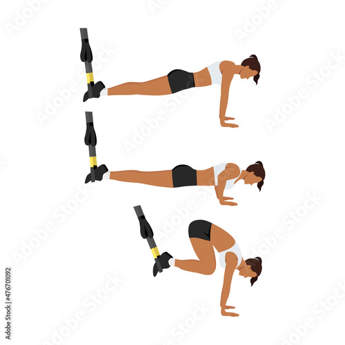 Woman character doing TRX Suspension straps atomic push ups flat vector illustration isolated on different layers