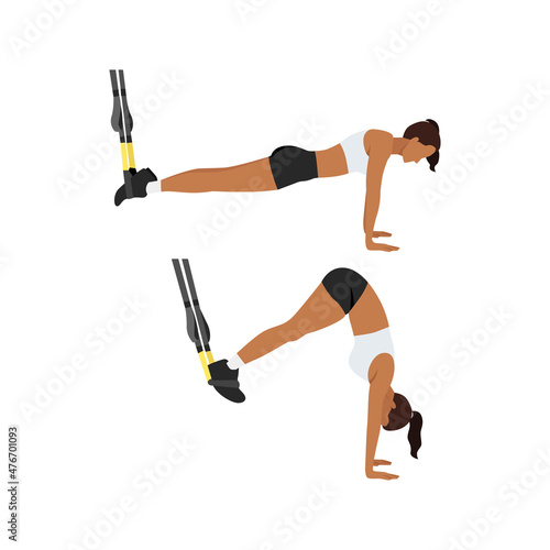 Woman doing TRX Suspension straps saw pikes exercise. Flat vector illustration isolated on white background