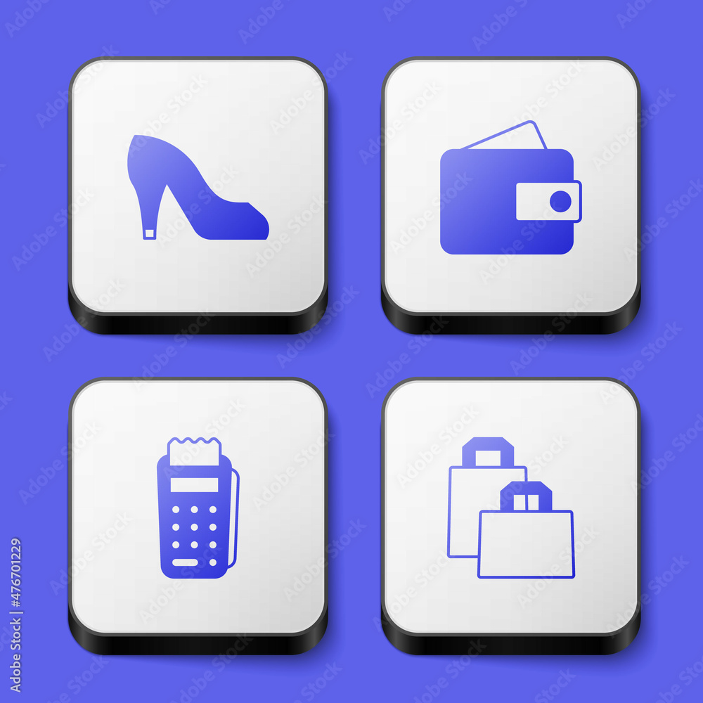 Set Woman shoe, Wallet, POS terminal and Paper shopping bag icon. White square button. Vector Set Woman shoe, Wallet, POS terminal and Paper shopping bag icon. White square button. Vector