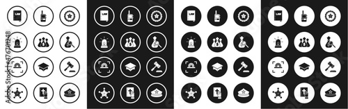 Set Police badge, Money bag, Flasher siren, Law book, and magnifying glass, Walkie talkie, Judge gavel and Fingerprint icon. Vector