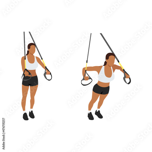 Woman doing TRX Suspension straps chest press exercise. Flat vector illustration isolated on white background