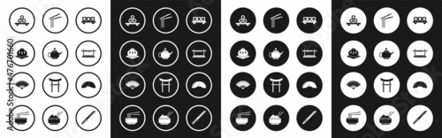 Set Sushi on cutting board, Japanese tea ceremony, Khinkali, Traditional katana, Asian noodles and chopsticks, Chinese fortune cookie and Paper chinese japanese folding fan icon. Vector