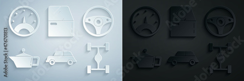 Set Car, Steering wheel, Canister for motor machine oil, Chassis car, door and Speedometer icon. Vector