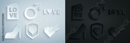 Set Heart with shield, Love text, Woman shoe high heel, Amour heart and arrow, Male gender symbol and Valentines day party flyer icon. Vector