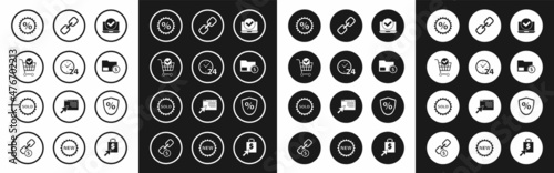 Set Laptop, Clock 24 hours, Shopping cart with check mark, Discount percent tag, Envelope coin dollar, Chain link, Loan and Sold label icon. Vector