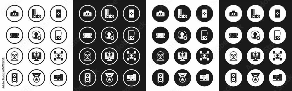 Set Smartphone and playing in game, Premium create account screen, Portable video console, Ar, augmented reality, Game with joystick, Share and Racing simulator cockpit icon. Vector Set Smartphone and playing in game, Premium create account screen, Portable video console, Ar, augmented reality, Game with joystick, Share and Racing simulator cockpit icon. Vector